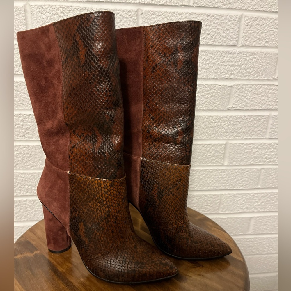 42 Gold Ankle Boots Women's 6 Burgundy Suede Leather Croc Boho Western Mid Calf